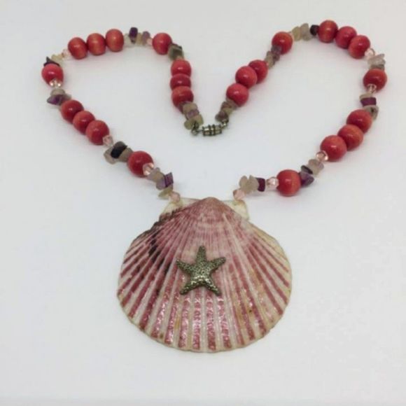 Big Beautiful Clamshell Starfish Beaded Necklace 1414 - Picture 1 of 6